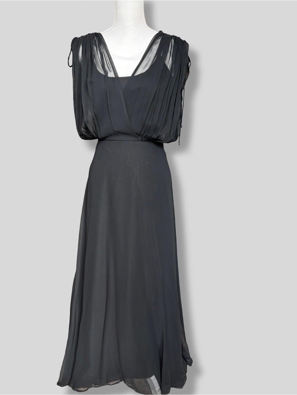 Dantangelo LTD Black Pleated Chiffon Maxi Dress with Shoulder Ties - Size 6